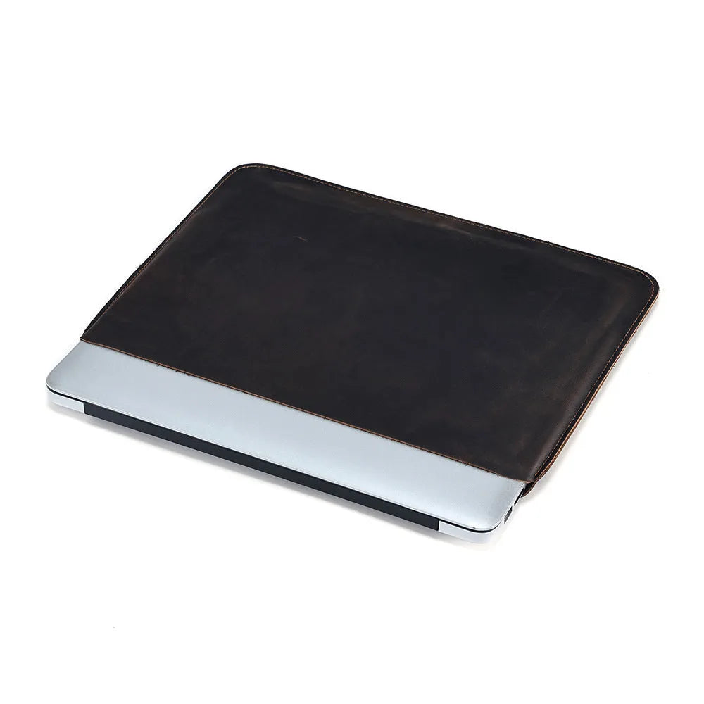 Brown crazy horse leather computer liner bag for horizontal laptop organisation and protection