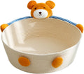 Woven cotton rope cat bed and scratcher basket in bear or rabbit design, shown in small, medium, or large size.