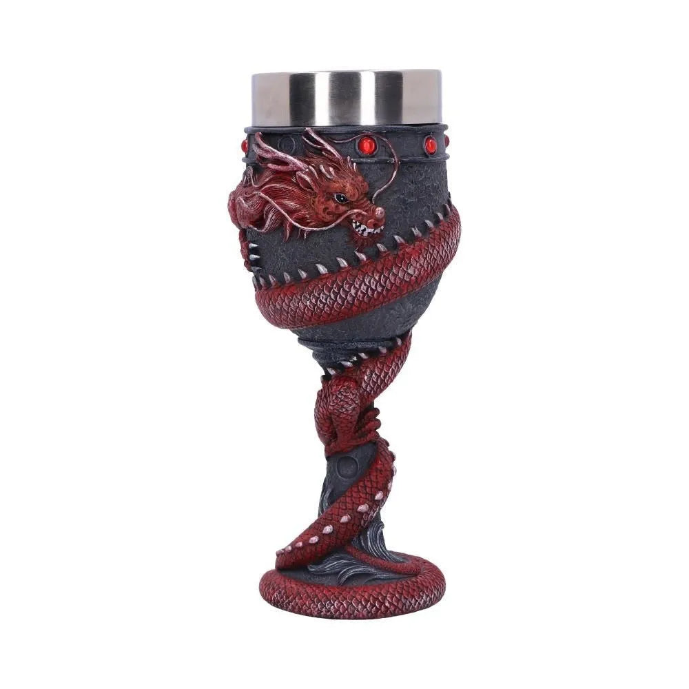 Gold stainless steel wine glass with 3D red dragon sculpture around stem