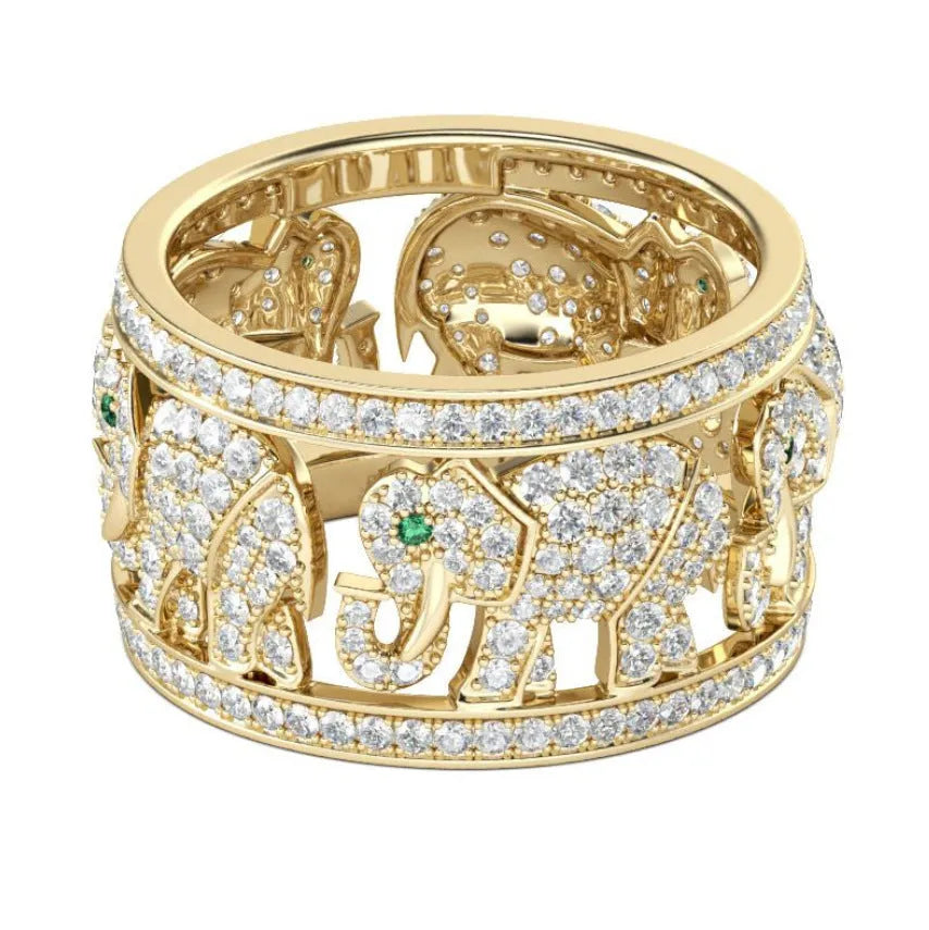 Alloy elephant ring with diamond detailing in electroplated finish, showing full elephant silhouette design