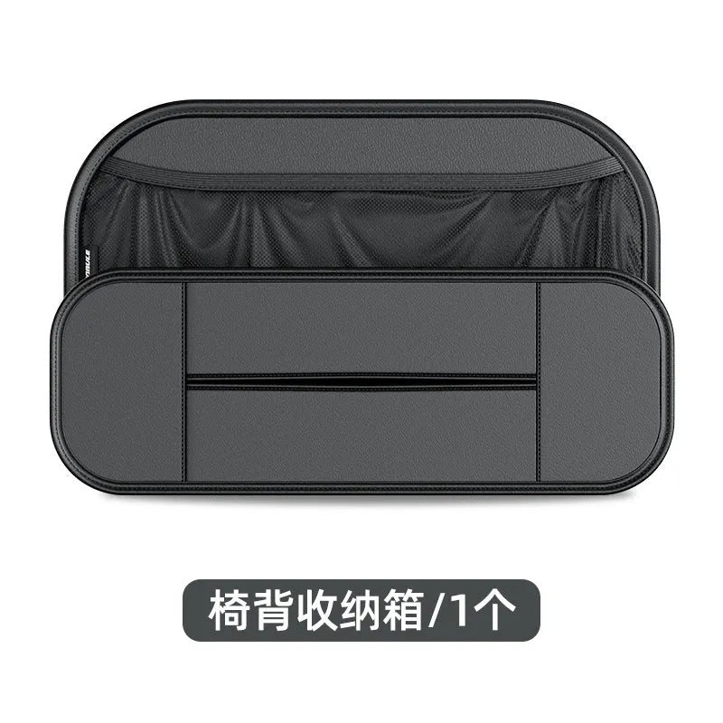 Black leather car seat rear storage bag with adjustable dividers for vehicle organisation