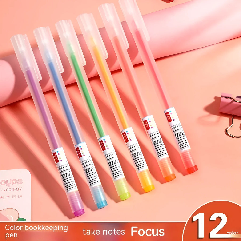 Boxed set of 12 multi-coloured gel pens with 0.5mm plastic tips for stationery