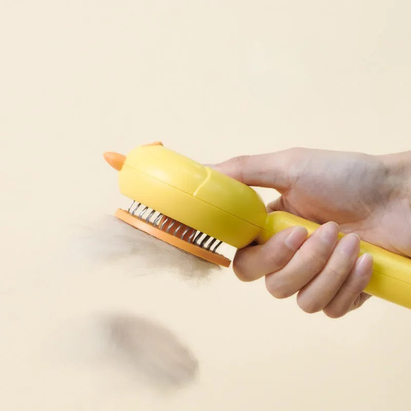 Self-cleaning pet grooming brush with stainless steel bristles in purple, white, and yellow colour options