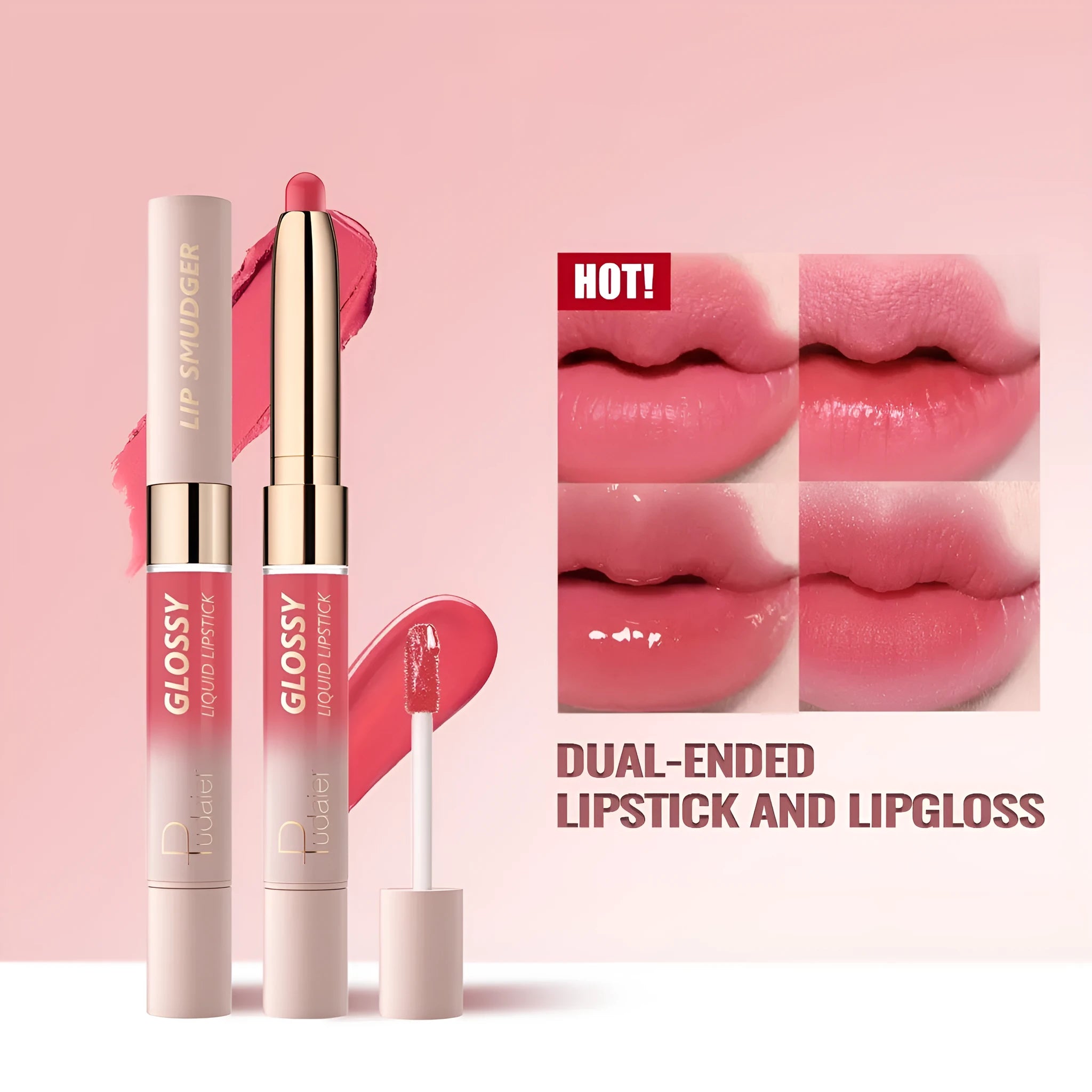 Double-headed lipstick and lip gloss set showing ten colour options with matte finish