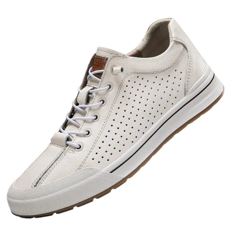 Men's white matte leather casual shoes with round toe and flat heel design