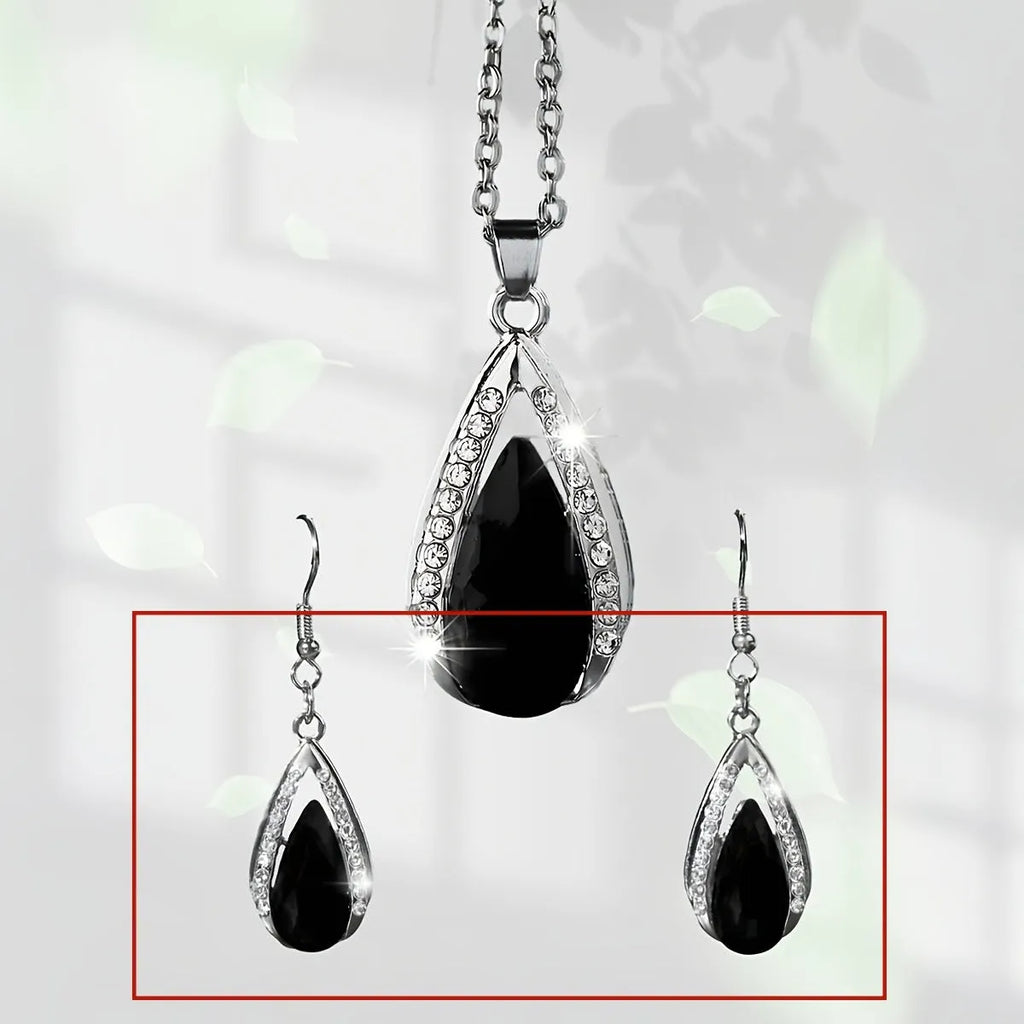 Black and red alloy teardrop pendant necklace with matching earrings set.