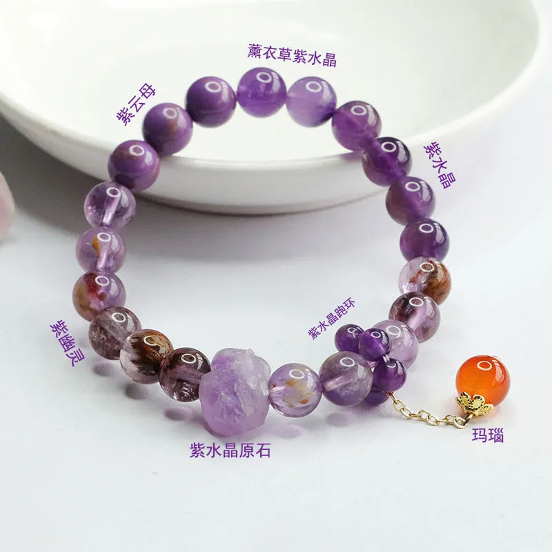 Nine purple natural amethyst crystal bracelet with red agate accents in Mori style