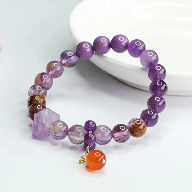 Nine purple natural amethyst crystal bracelet with red agate accents in Mori style