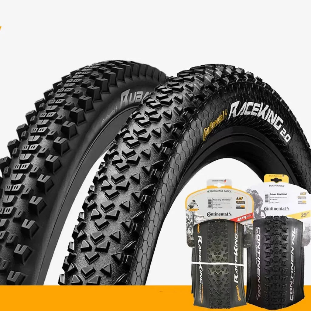 Mountain bike outer tyre showing yellow sidewall, with folding bead and tread pattern for off-road use.