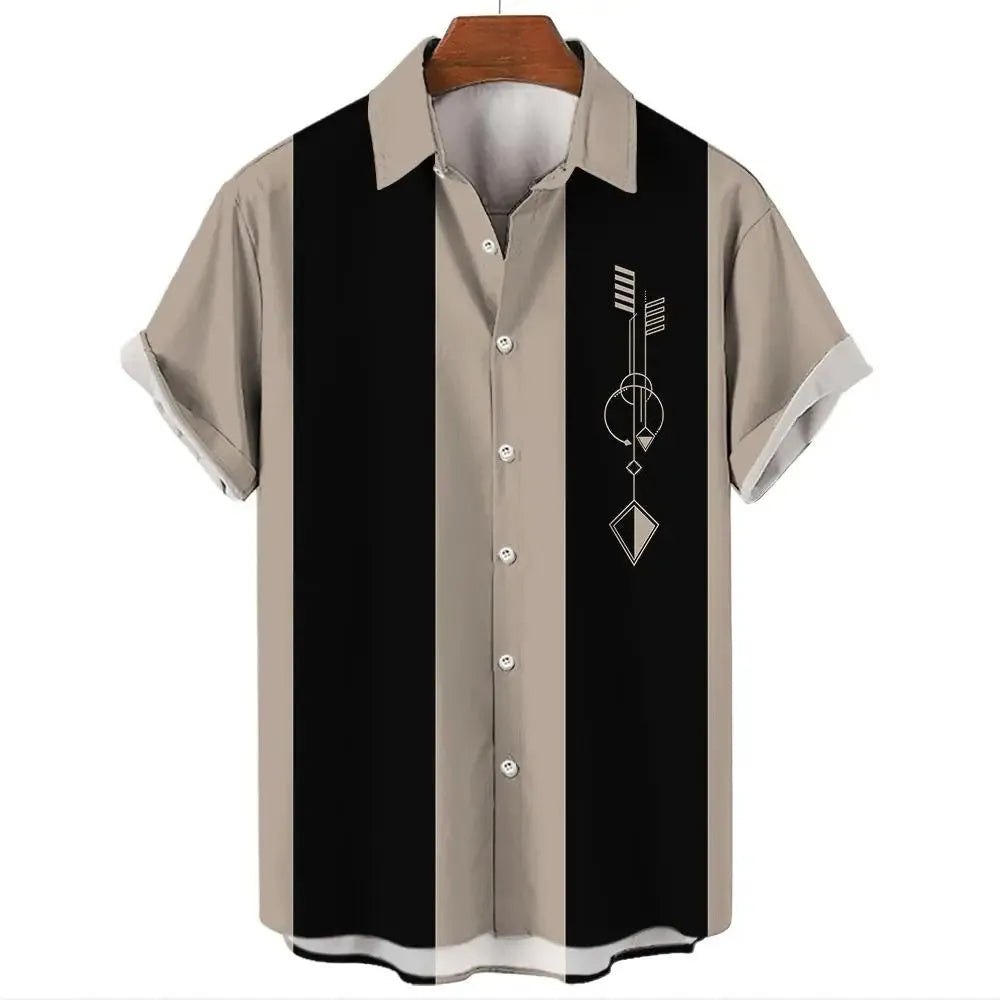 Men's striped Hawaiian shirt with button front and short sleeves in elastic fabric