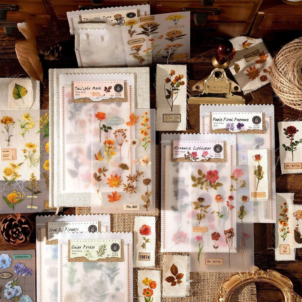 Huazhisen sticker pack showing six colour designs: Dusk Time, Fan Love Of Flower, Purple Flower Fragrance, Quiet Forest, Romantic Light Year, Twilight Mark.