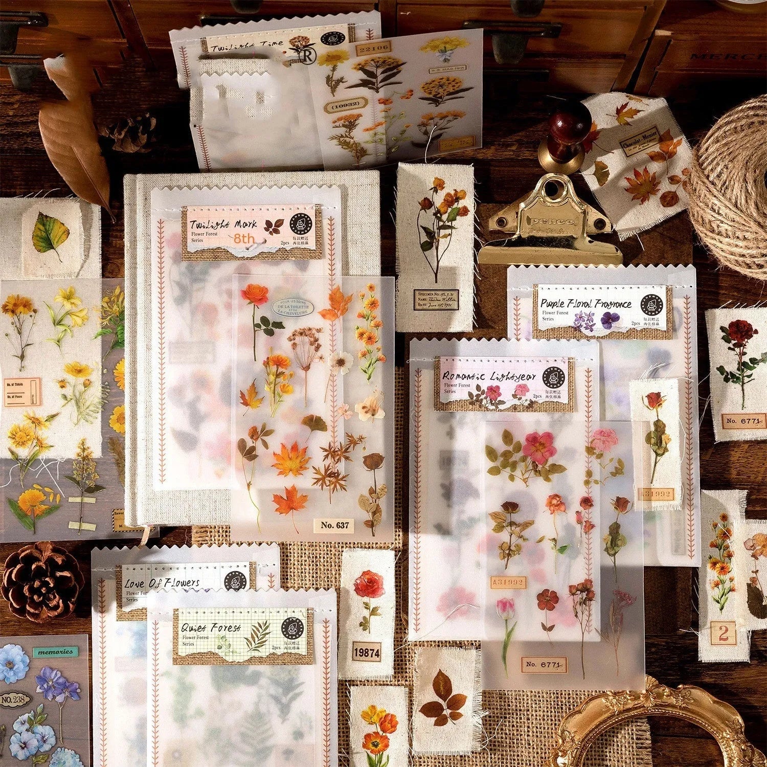 Huazhisen sticker pack showing six colour designs: Dusk Time, Fan Love Of Flower, Purple Flower Fragrance, Quiet Forest, Romantic Light Year, Twilight Mark.