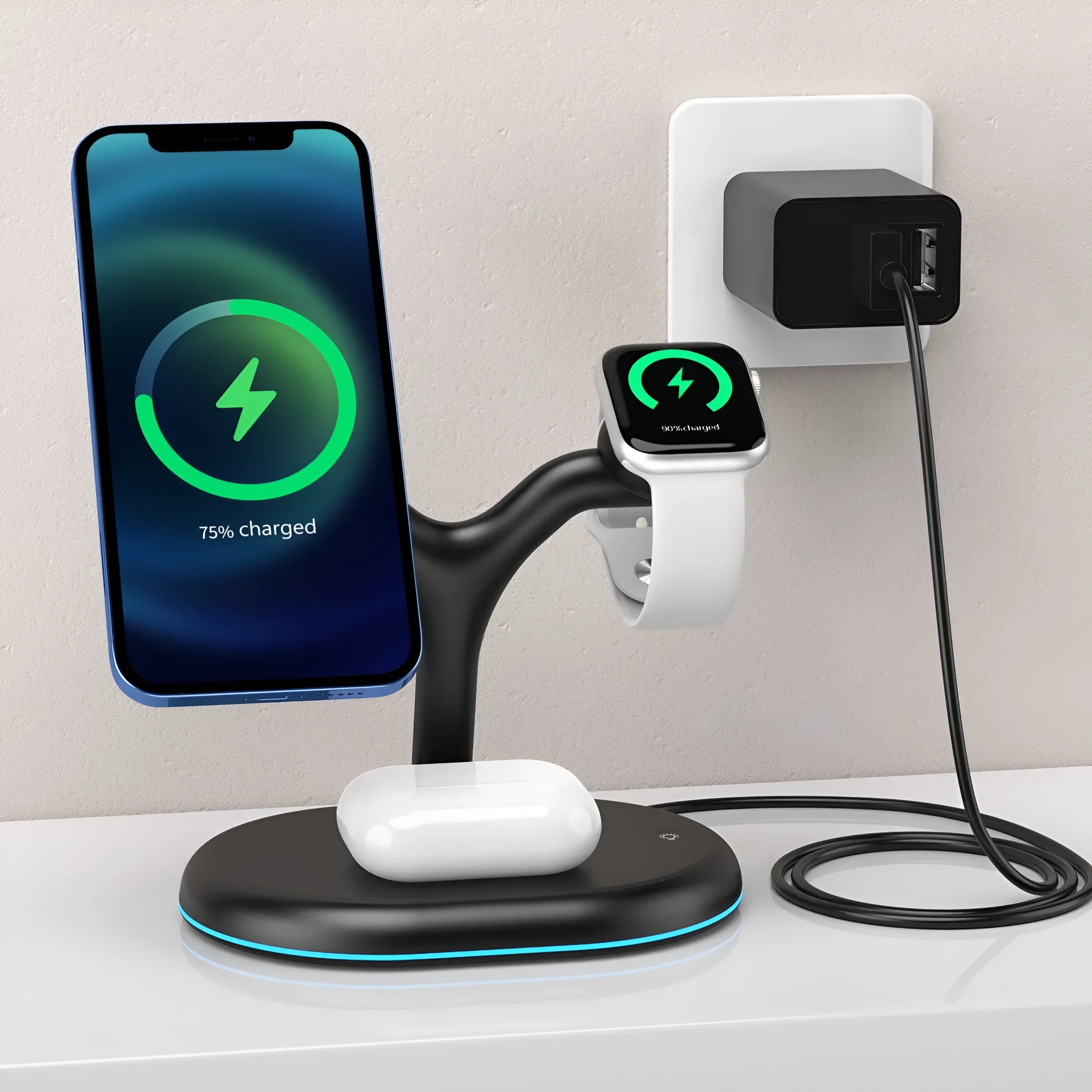 Black magnetic wireless charger with minimalist design on flat surface