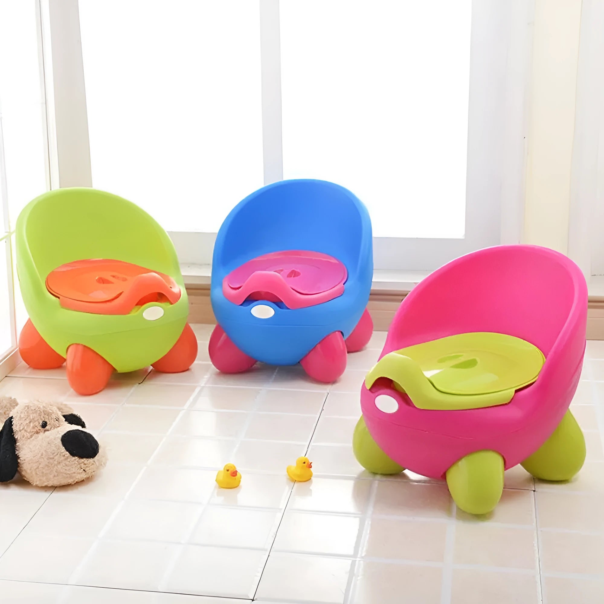Dandan cartoon-style baby training toilet and stool in one of six available colours.