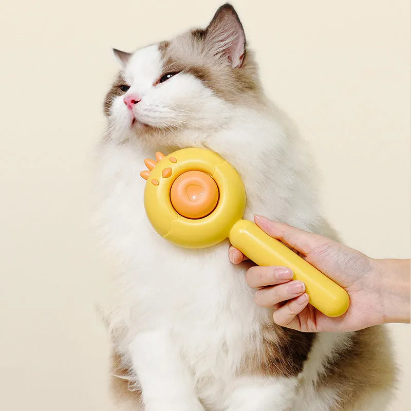 Self-cleaning pet grooming brush with stainless steel bristles in purple, white, and yellow colour options