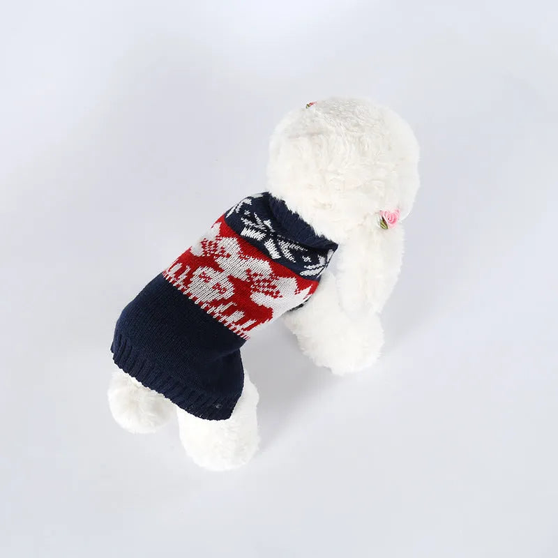 Navy blue knitted Christmas sweater for dogs on mannequin showing European-American style design