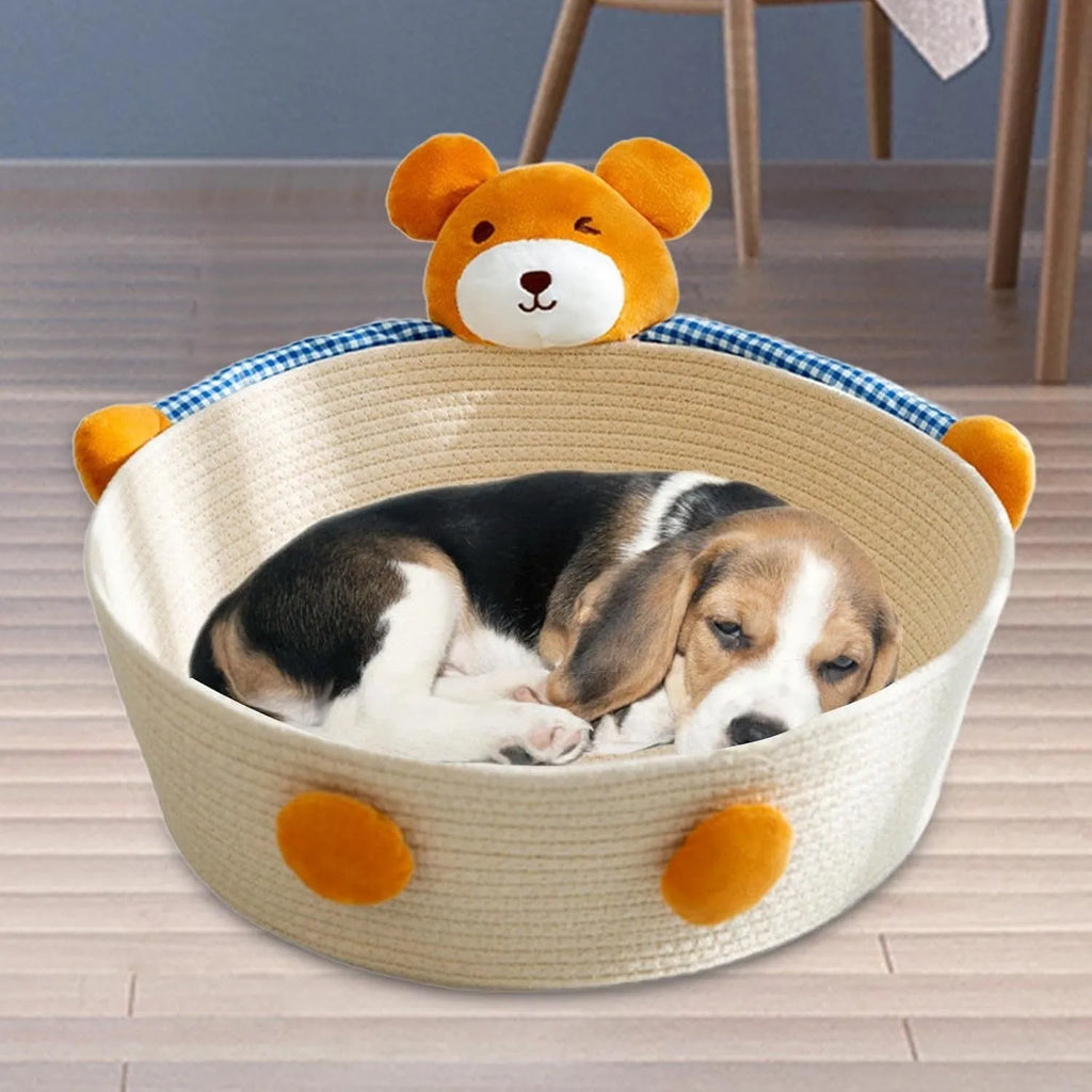 Woven cotton rope cat bed and scratcher basket in bear or rabbit design, shown in small, medium, or large size.