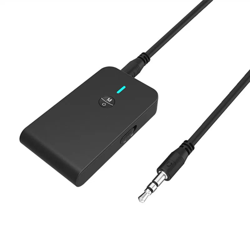 Black Bluetooth 5.0 audio adapter with 3.5mm AUX plug and external power cable.