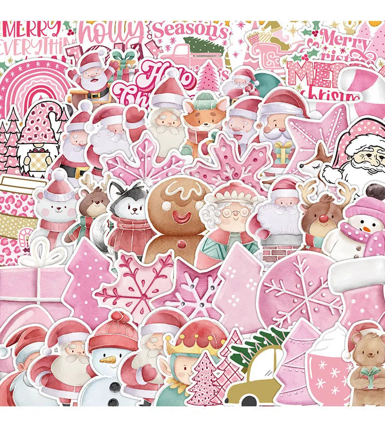 Assortment of 50 cute Christmas themed waterproof stickers ranging from 4cm to 8cm in size on a sheet.