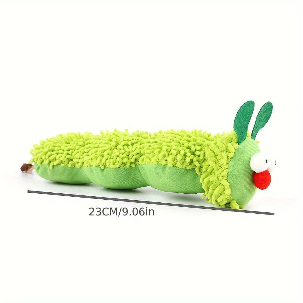 Green interactive plush cat toy pillow with electronic features, 24cm long