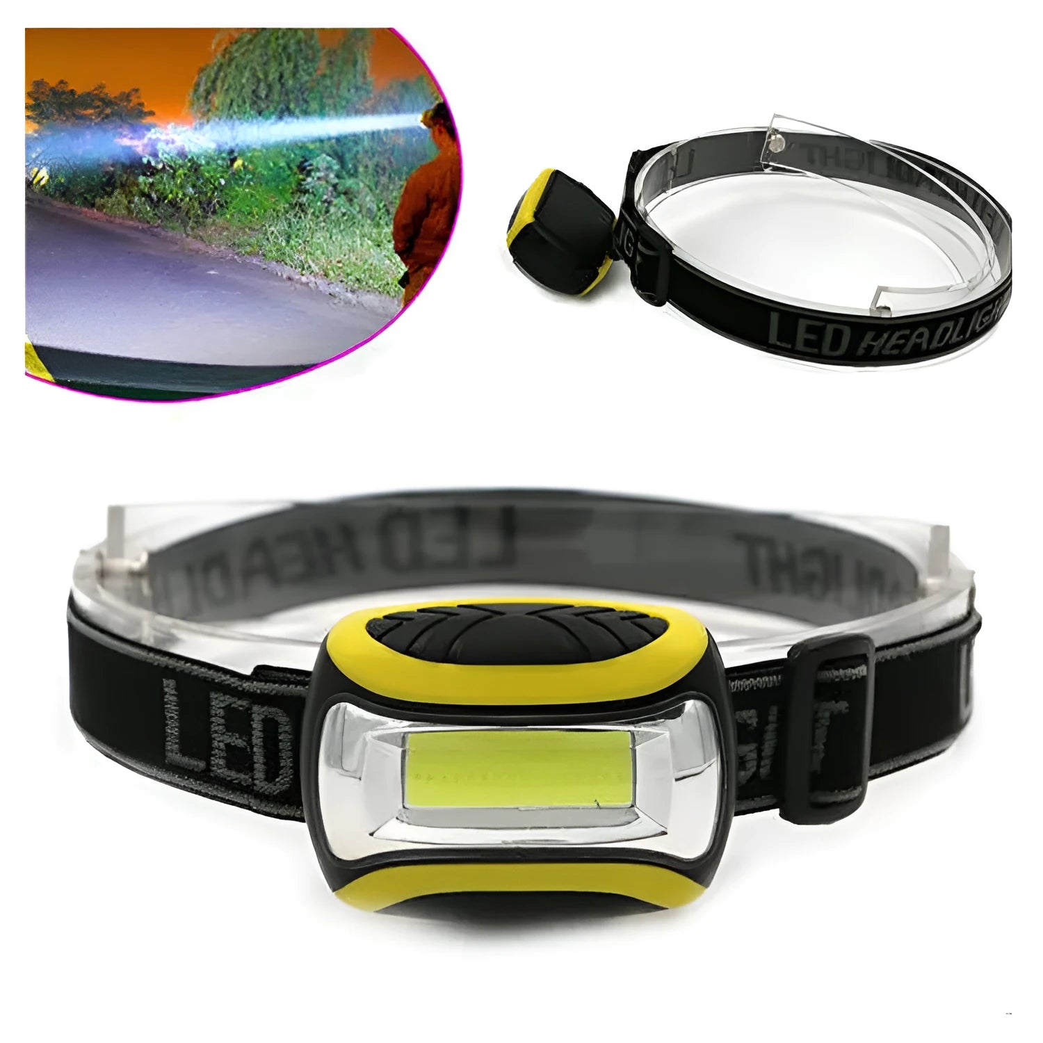 Yellow plastic three-speed adjustable COB LED headlamp or head torch