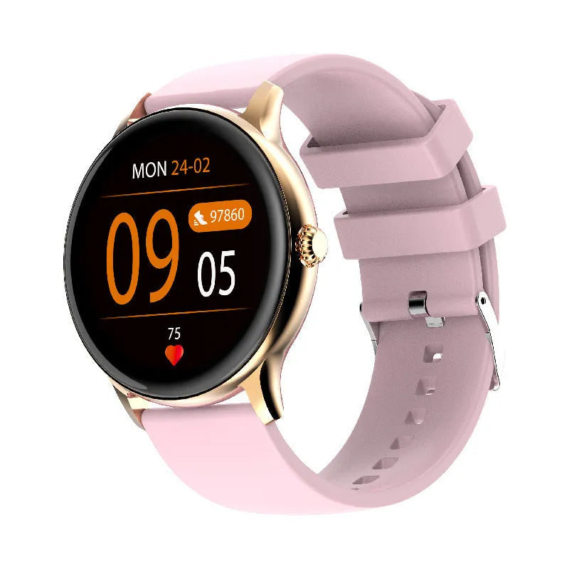 Black smartwatch with 1.28-inch screen showing blood pressure reading on wrist.