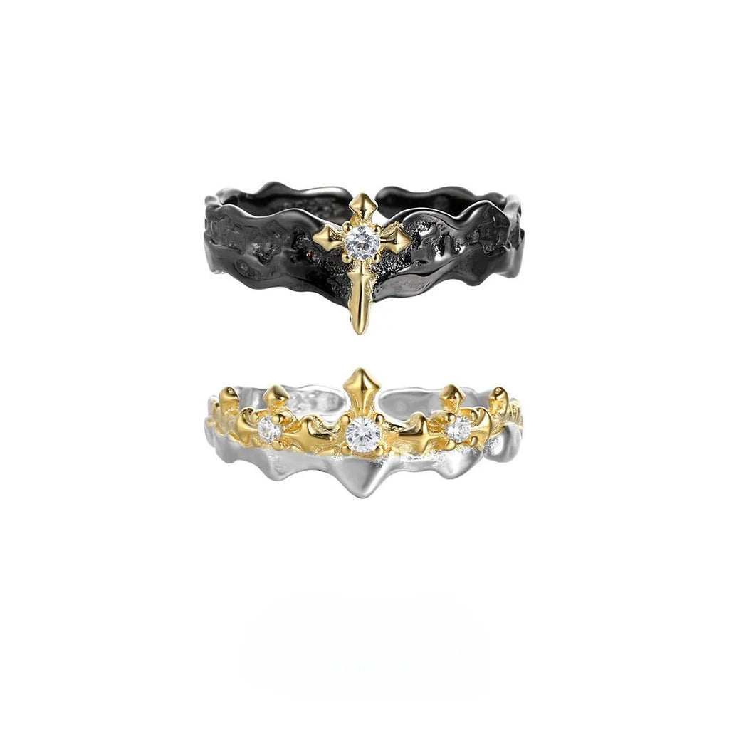 Princess knight design couple ring in 925 silver with adjustable opening, shown in white gold and black gold colour options.