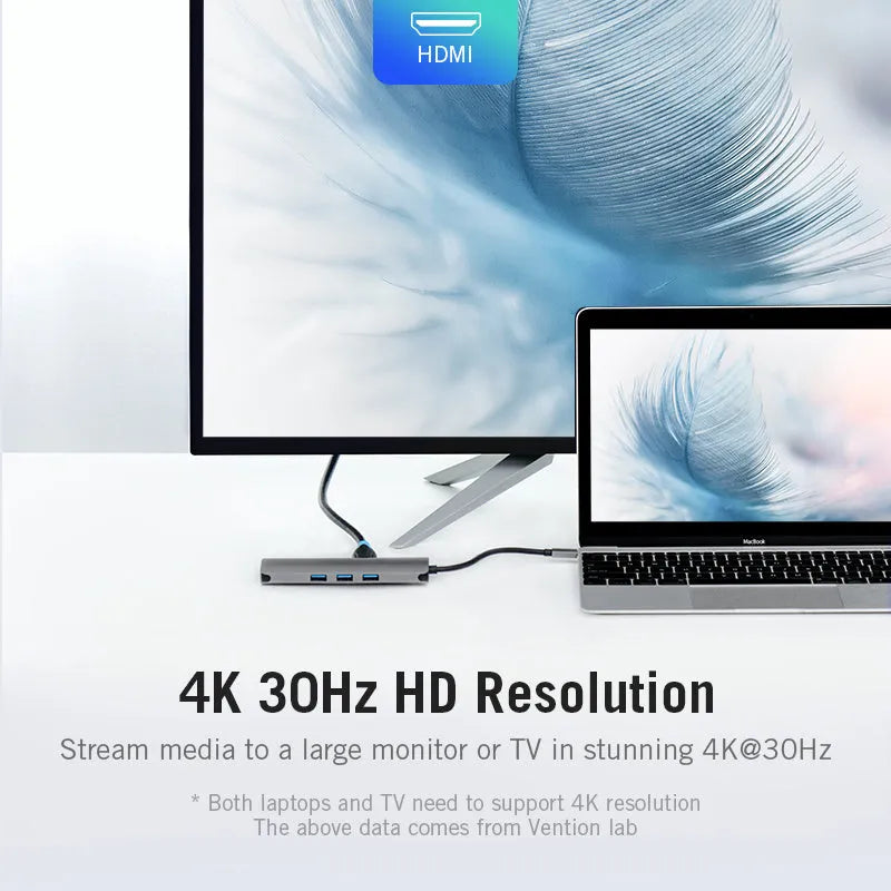 Deep grey USB-C to 6-in-1 hub with HDMI, Ethernet, USB ports, and card slots on a desk.