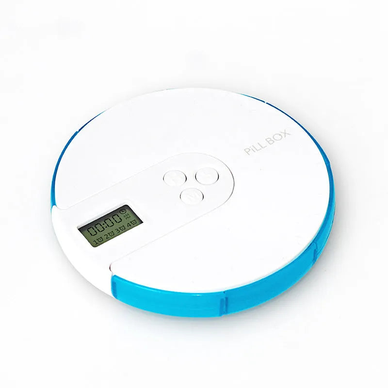 7-compartment alarm clock pill dispenser in blue plastic with digital display