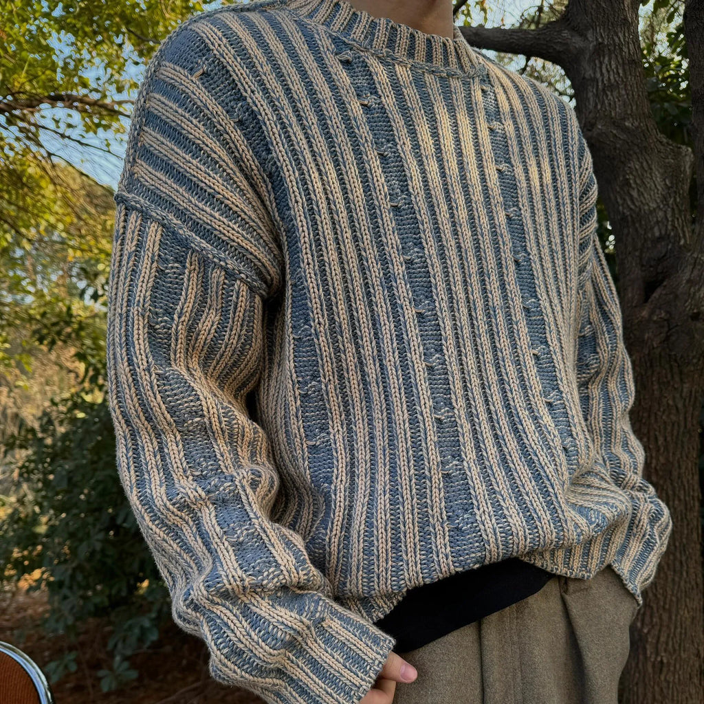 Men's blue stripes contrast colour cotton round neck loose fit casual sweater