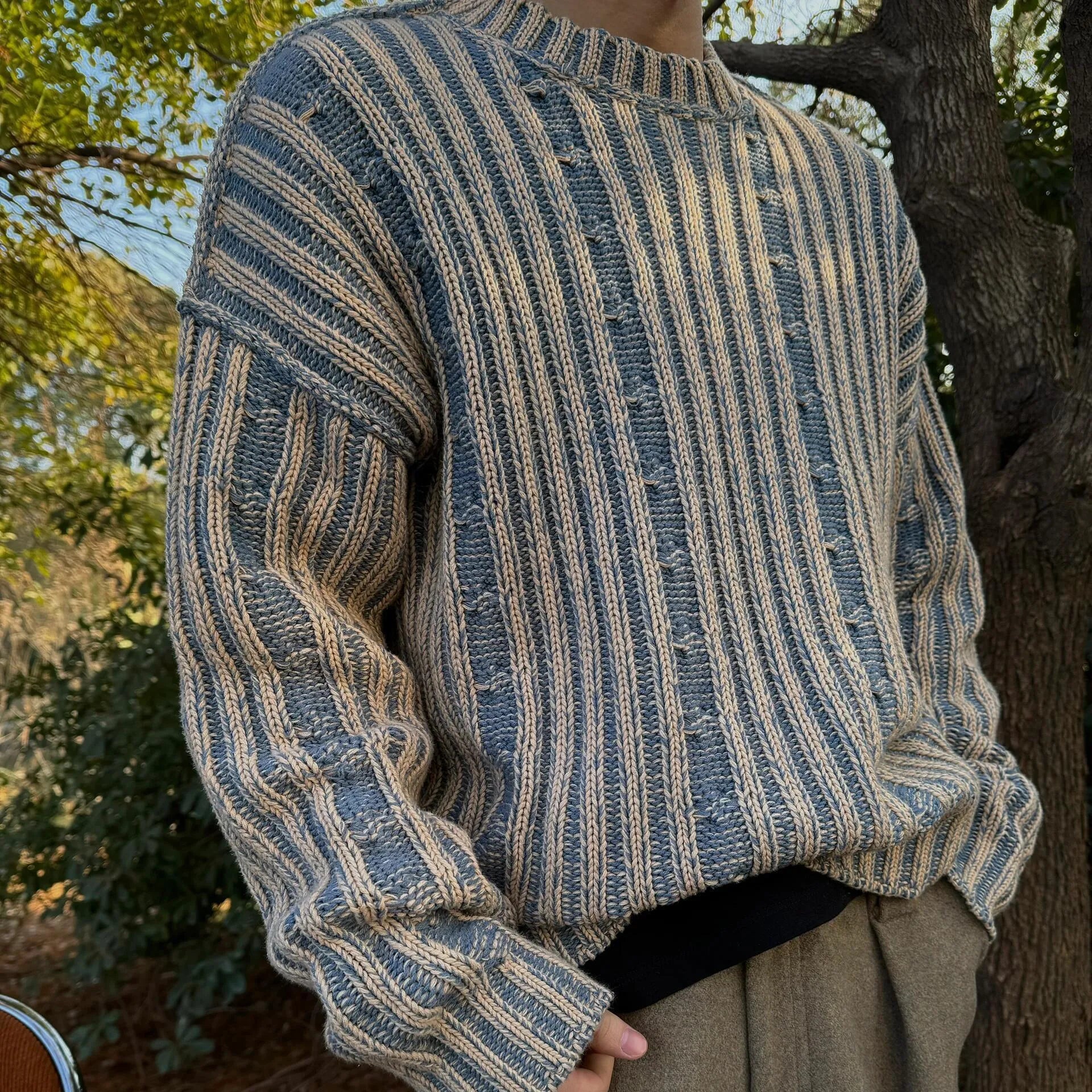 Men's blue stripes contrast colour cotton round neck loose fit casual sweater