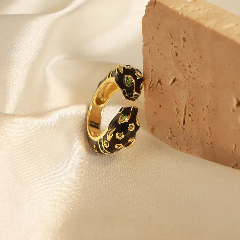 Black geometric cheetah pattern open ring for women, size 7