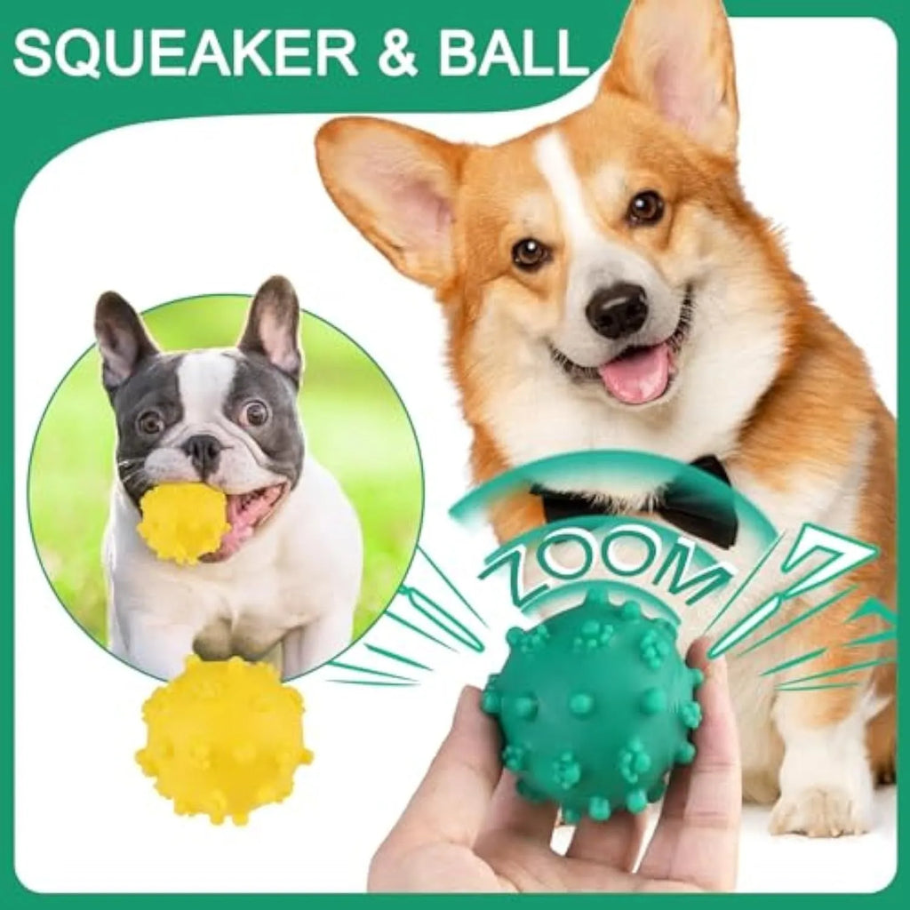 Blue, green, pink, and yellow squeaky dog balls with a spiky texture and paw print dimples.