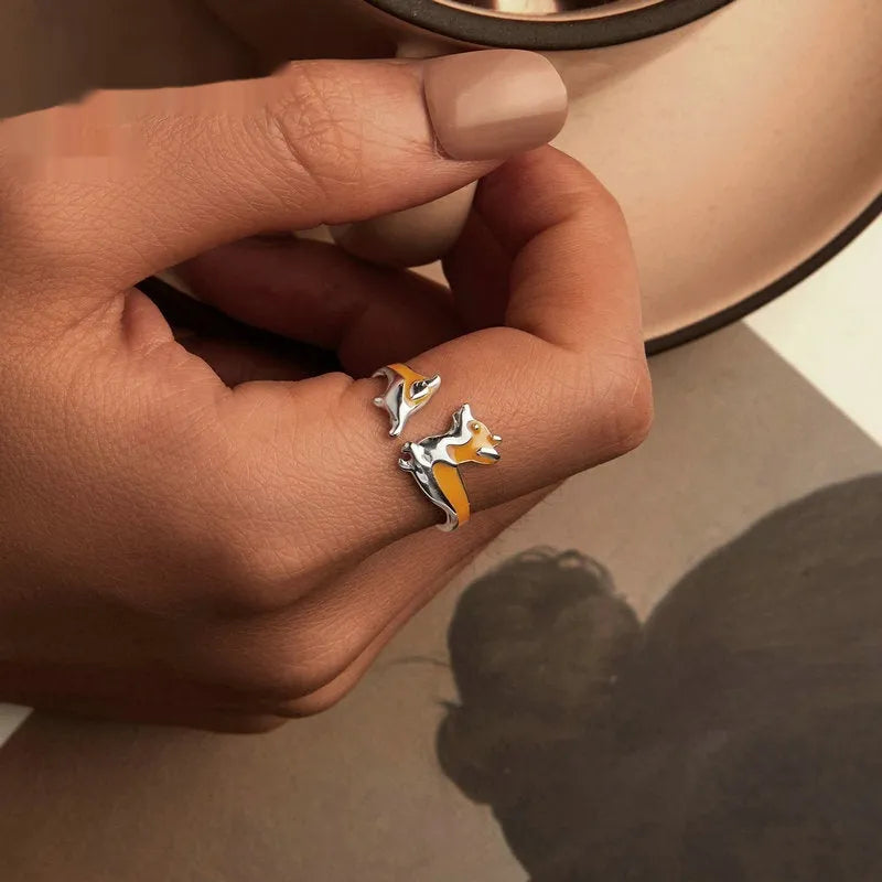 Silver coloured corgi dog cartoon ring for women with electroplated finish
