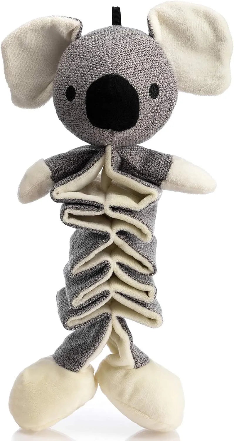 Grey koala dog chew toy with crinkle paper, measuring 30cm long, for small medium large dogs.