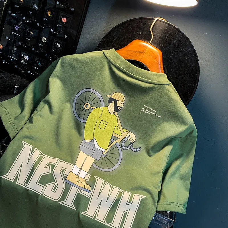 Green men's t-shirt with literary youth print design, loose fit short sleeve cotton construction