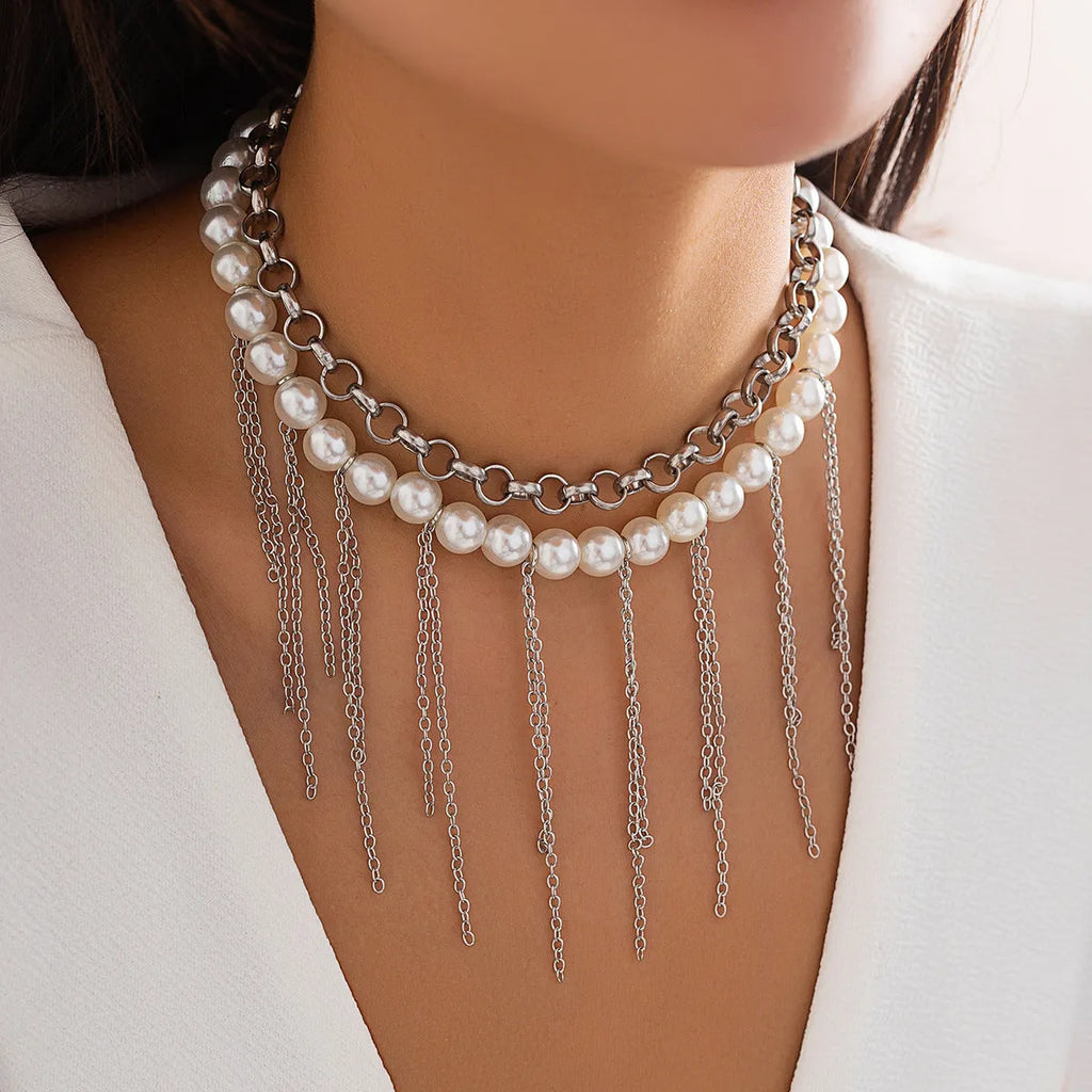 Double-layer imitation pearl tassel necklace with iron pendant and ball bead chain in white K colour