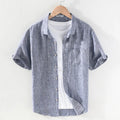 Men's casual linen shirt with square collar and short sleeves in cardigan style