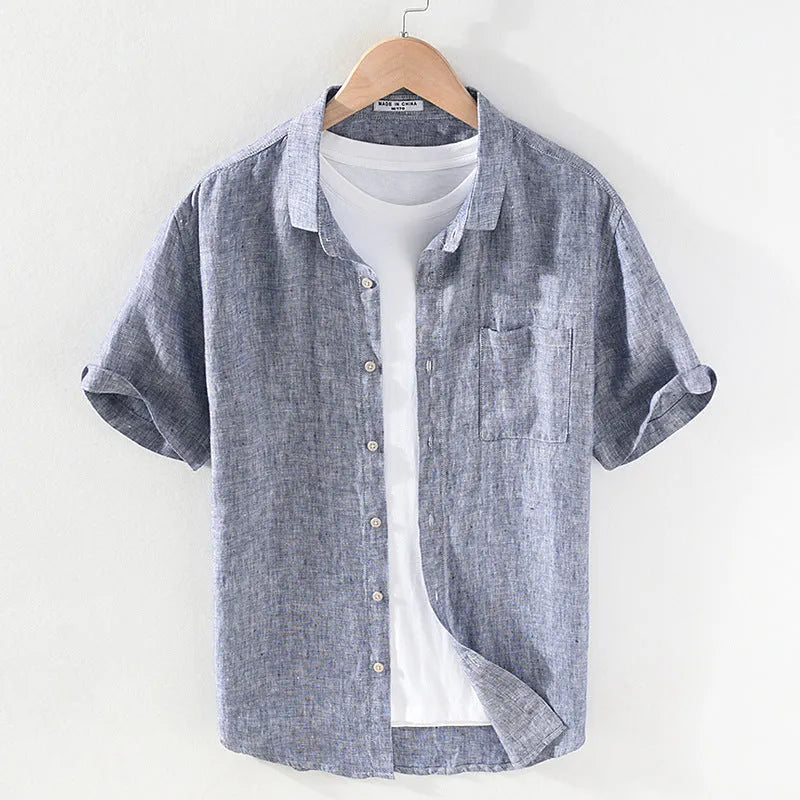 Men's casual linen shirt with square collar and short sleeves in cardigan style