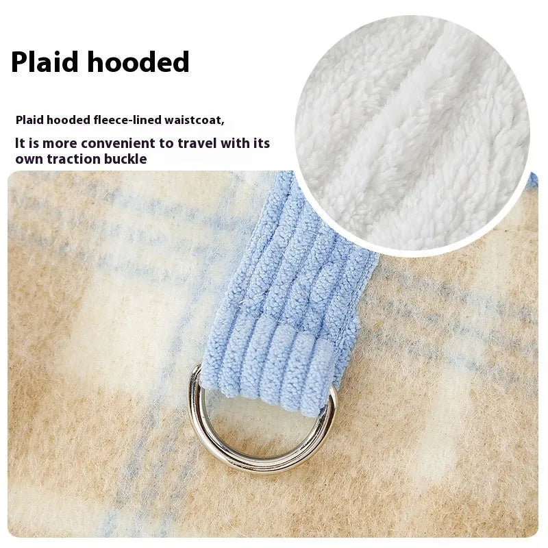 Blue chessboard grid corduroy hooded traction vest for small dogs with sizing guide