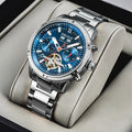Men's multi-functional hollowed fashion watch with date display, steel strap, silver blue colour