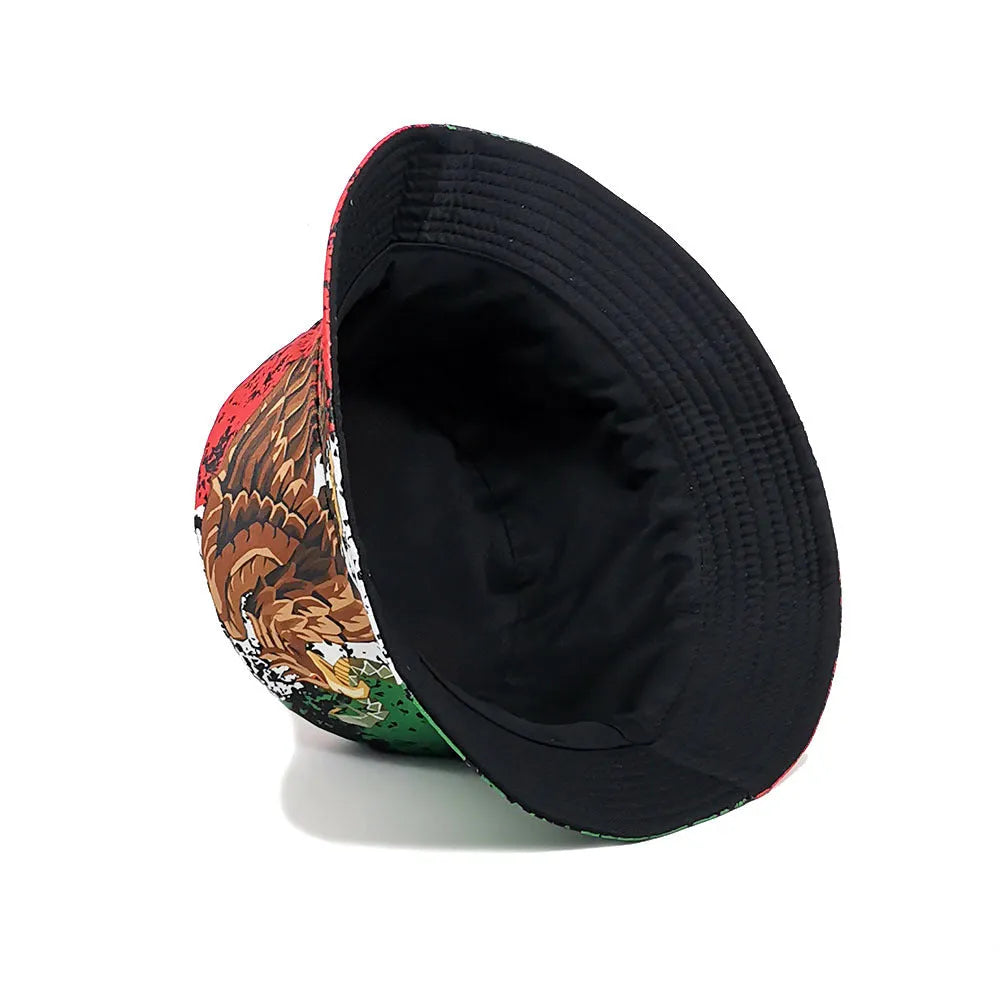 Retro-style bucket hat with an eagle pattern in polyester, showing dome crown.