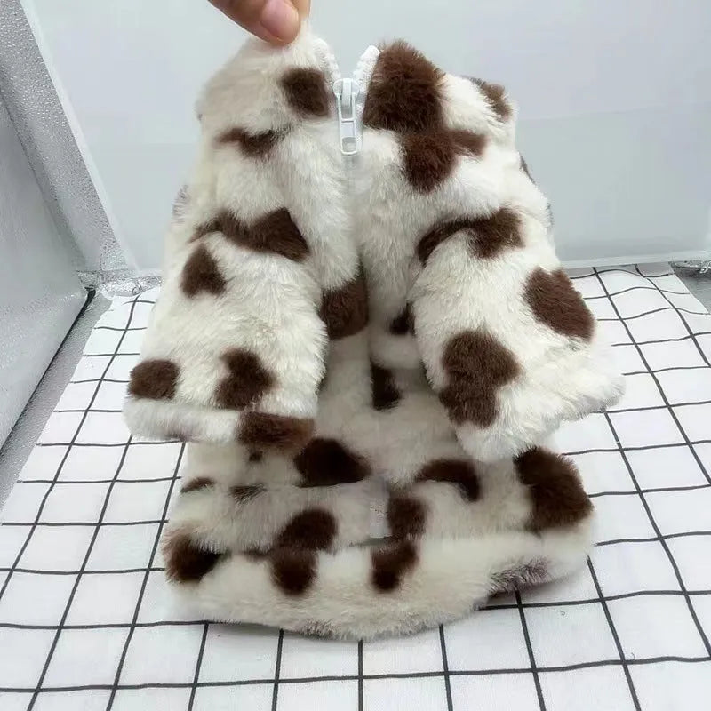 British-style polyester plush warm coat for small dogs in pink or brown colours