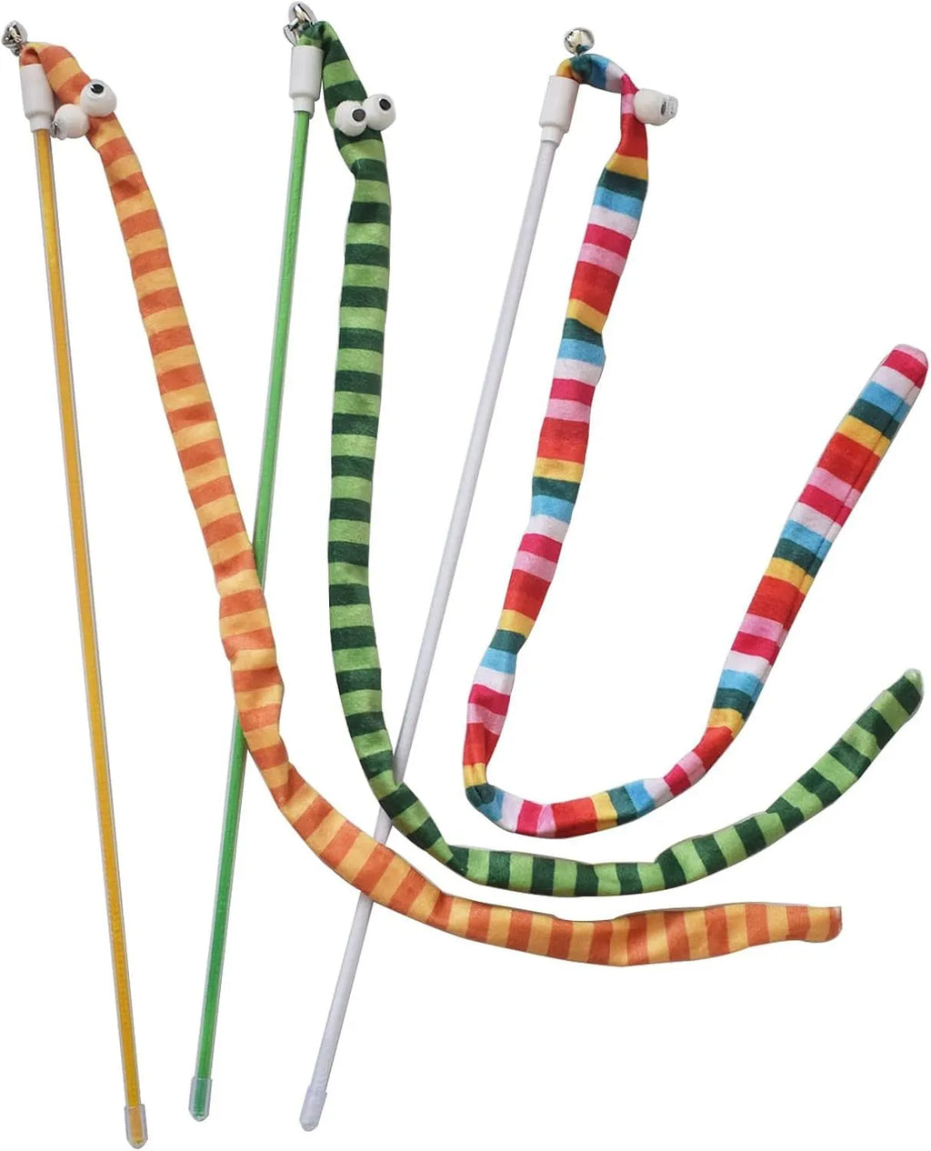 Cat wand toy with colourful plush strip and bell on a polycarbonate pole for interactive play