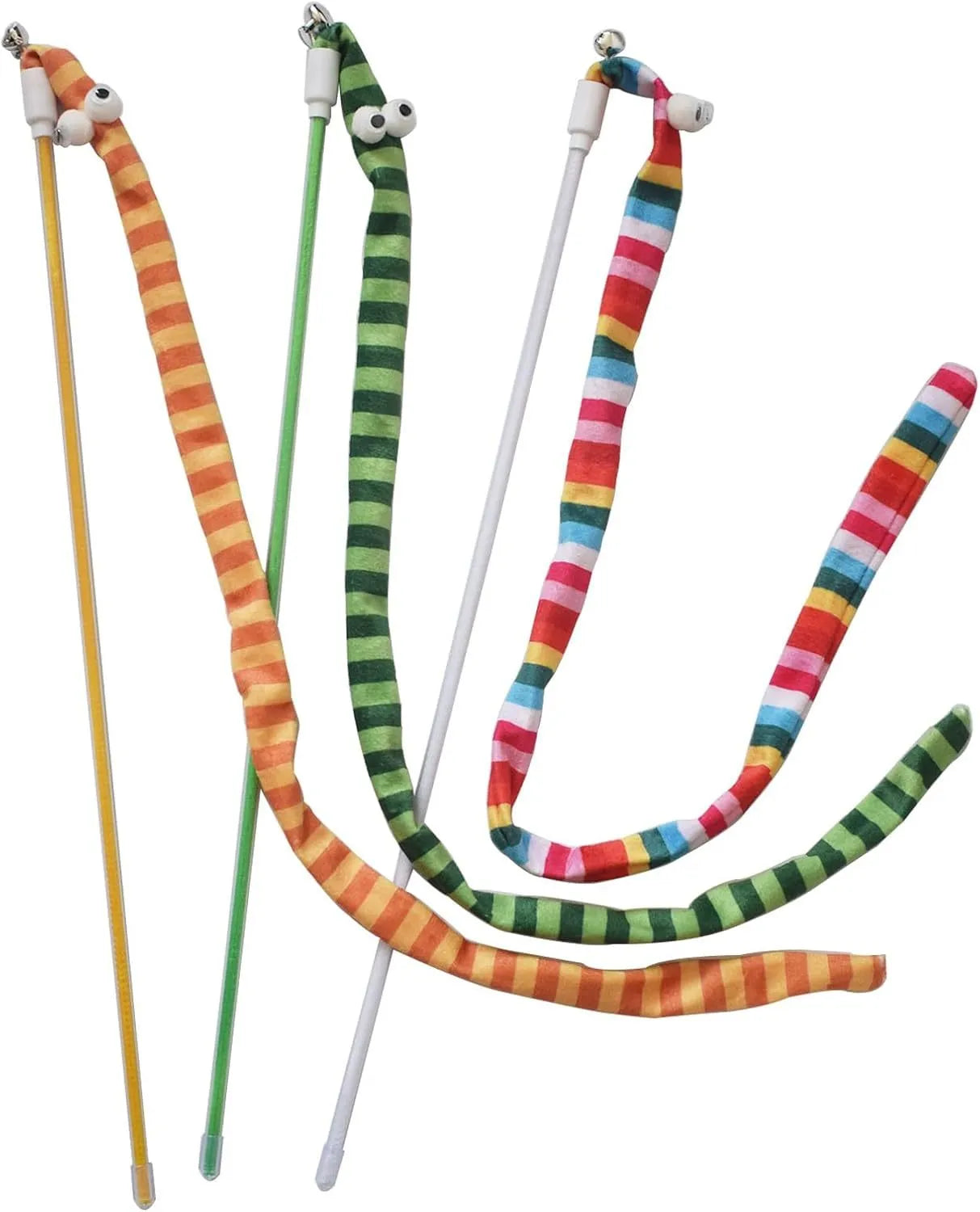 Cat wand toy with colourful plush strip and bell on a polycarbonate pole for interactive play