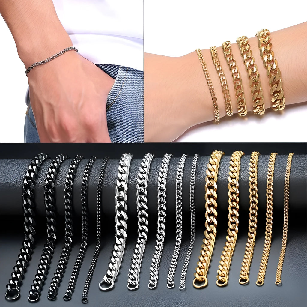 Six-sided gold Cuban link chain bracelet with geometric metal links available in multiple widths