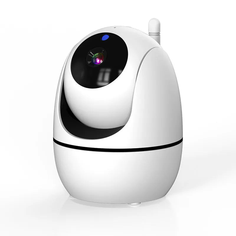 White wireless baby monitor with 5-inch screen showing baby room video