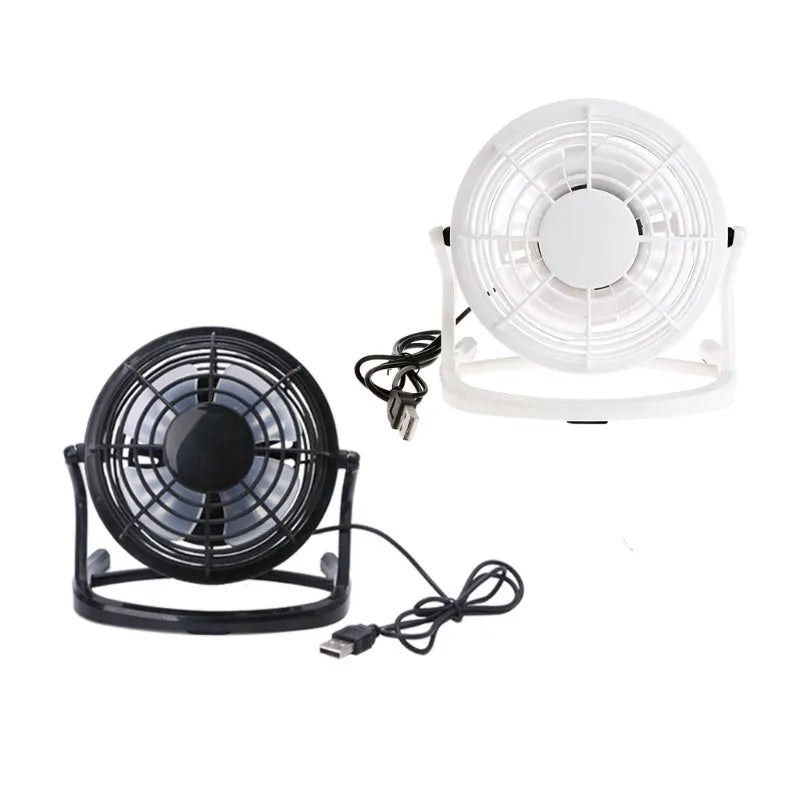Mini USB desk fan with adjustable tilt angle in black, white, or blue colour options