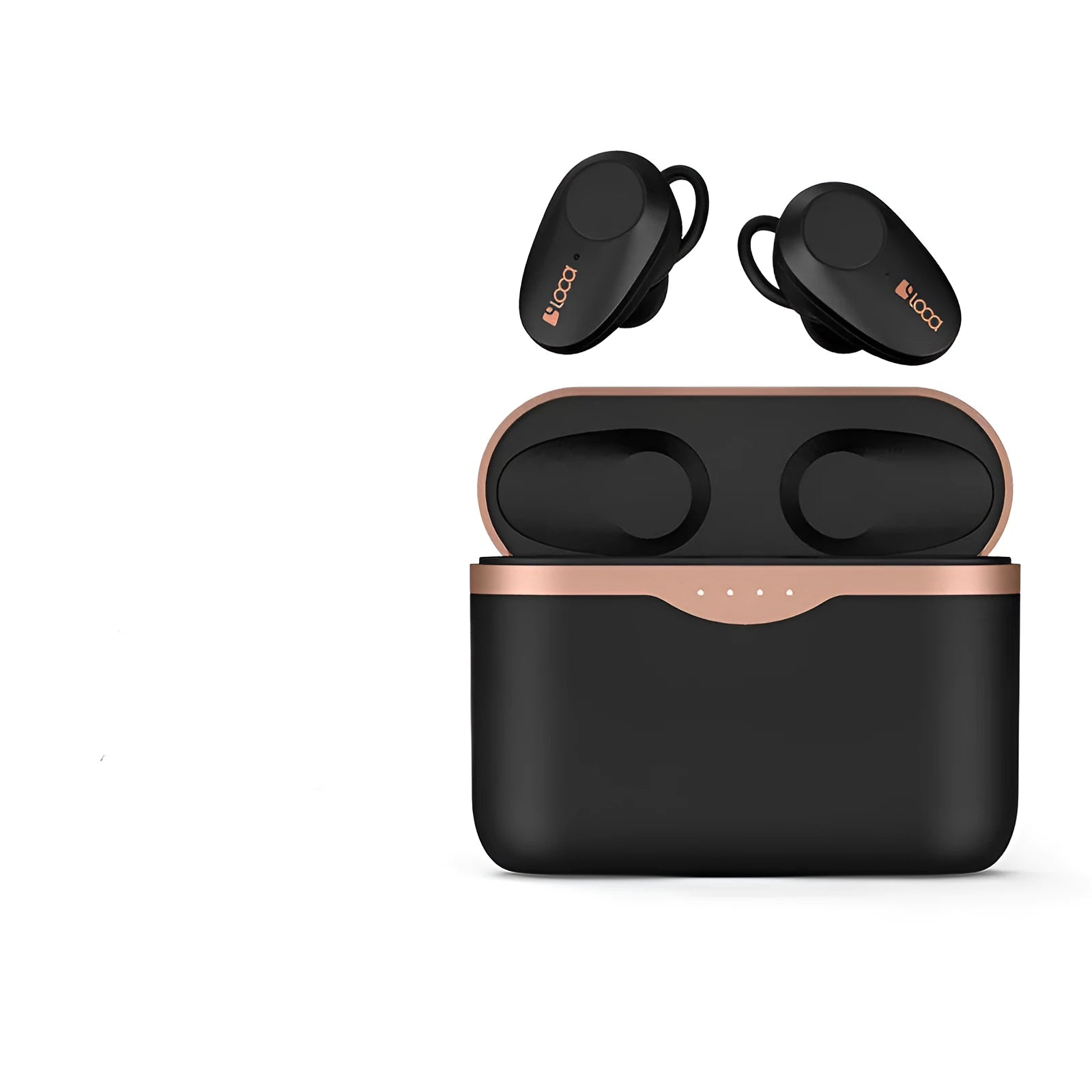 Black wireless Bluetooth headphones with charging stand on a table