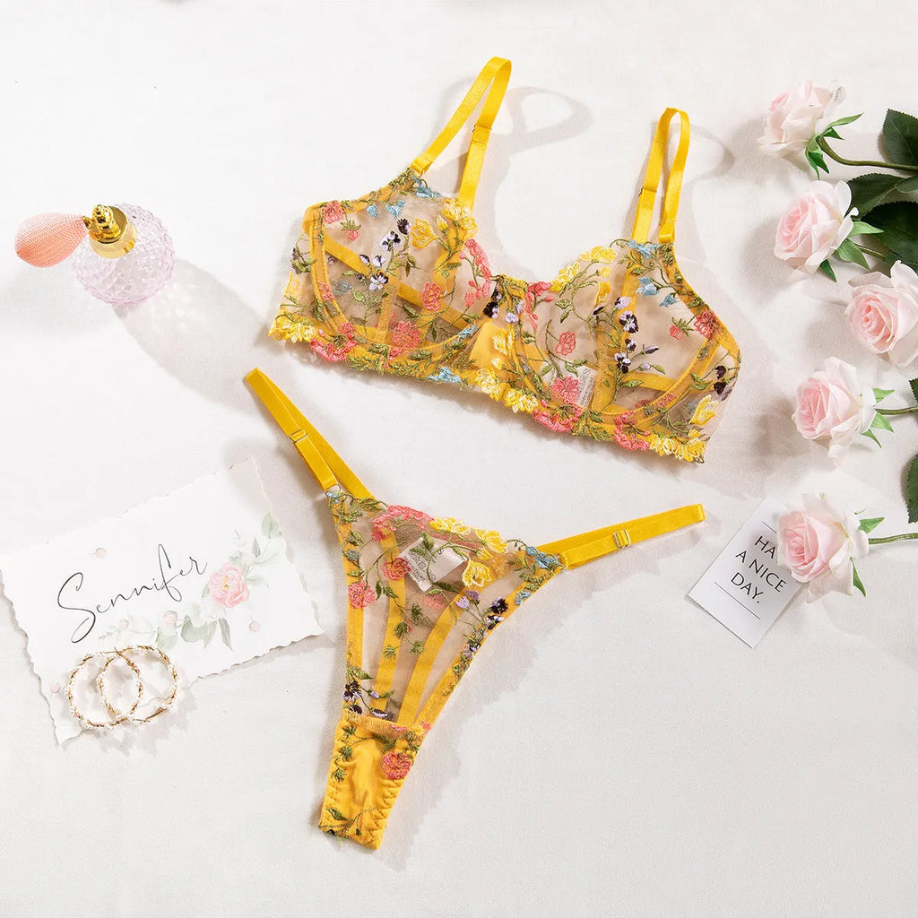 Floral single layer bra with steel ring T-back design in polyester mesh fabric